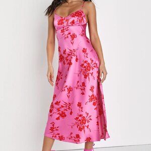 Glamorous Efforts Hot Pink Floral Print Tie-Back Midi Dress - Size XS